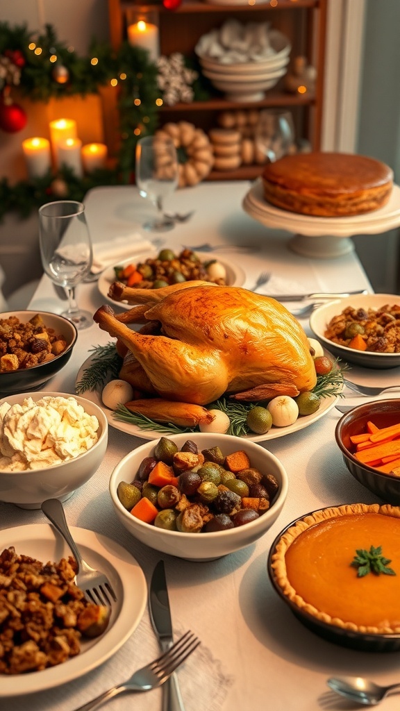 Festive Christmas Dinner Menu for 6 Christmas dinner table with roast turkey, stuffing, mashed potatoes, vegetables, and pumpkin pie.